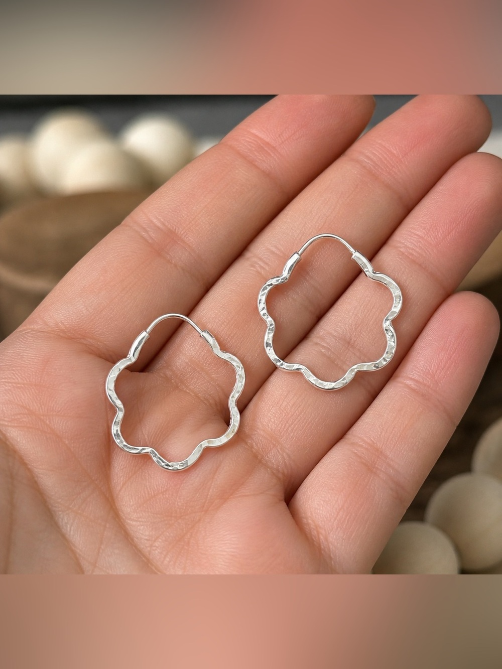Sterling Silver Flower Hoop Earrings - 925 Silver
